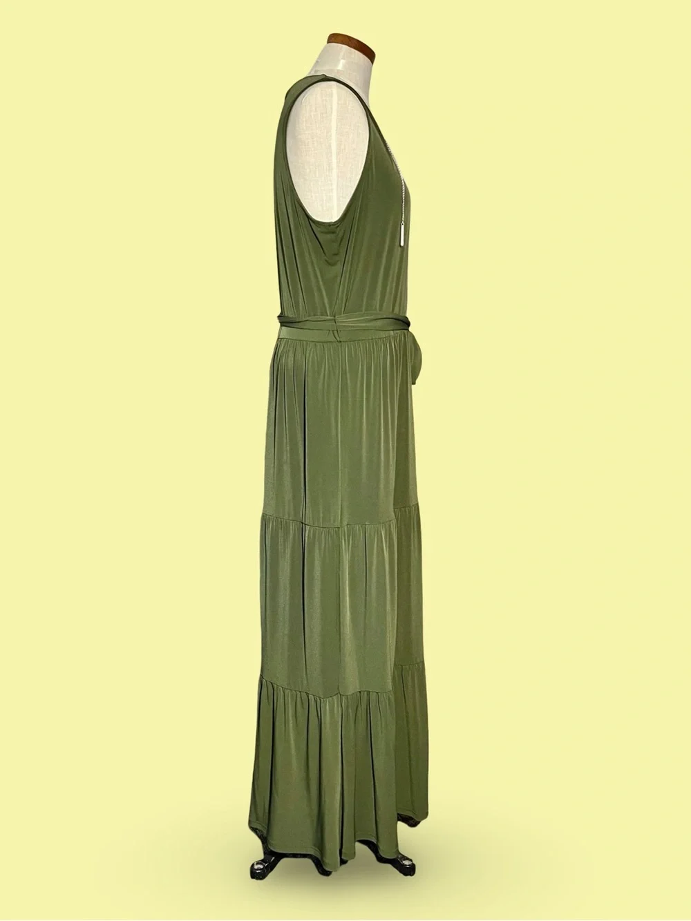 Michael Michael Kors Olive GreenTiered Maxi Dress Lace Up Chain V-Neck Sz1X